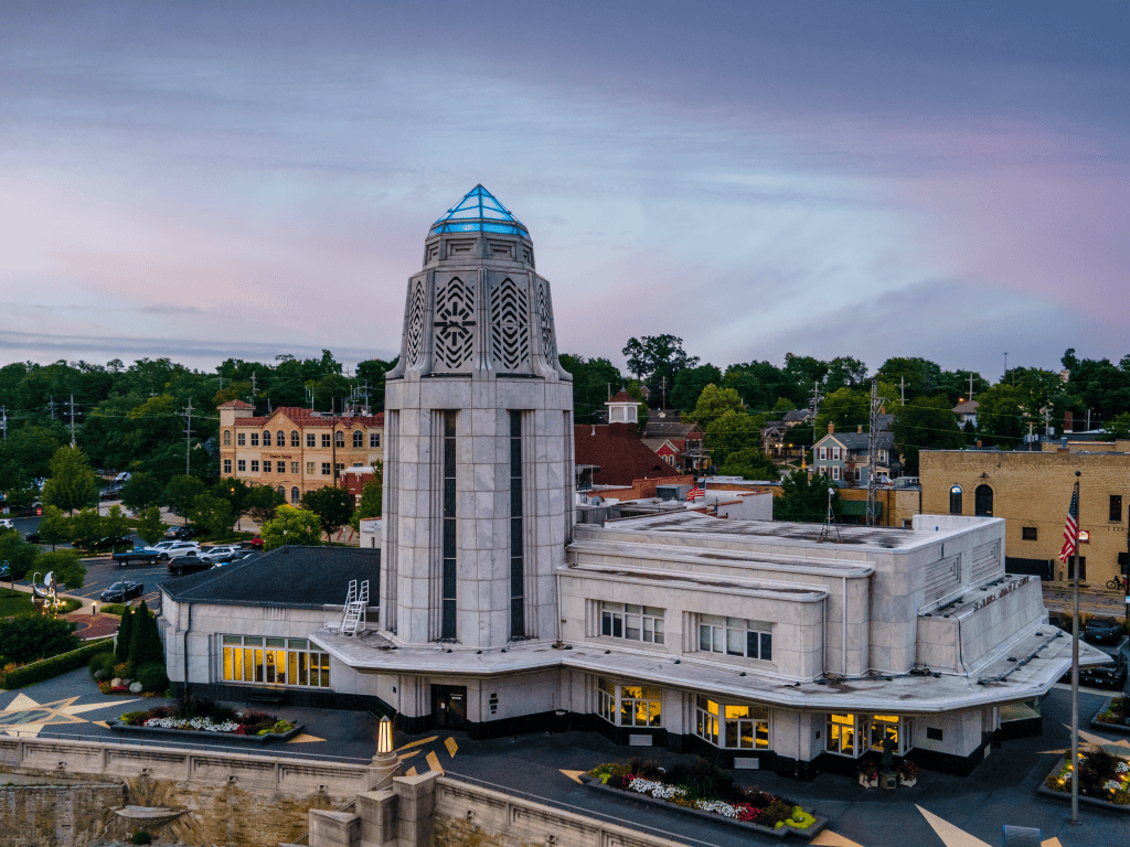 St Charles Illinois Municipal Building at dusk with iconic tower and downtown streetscape